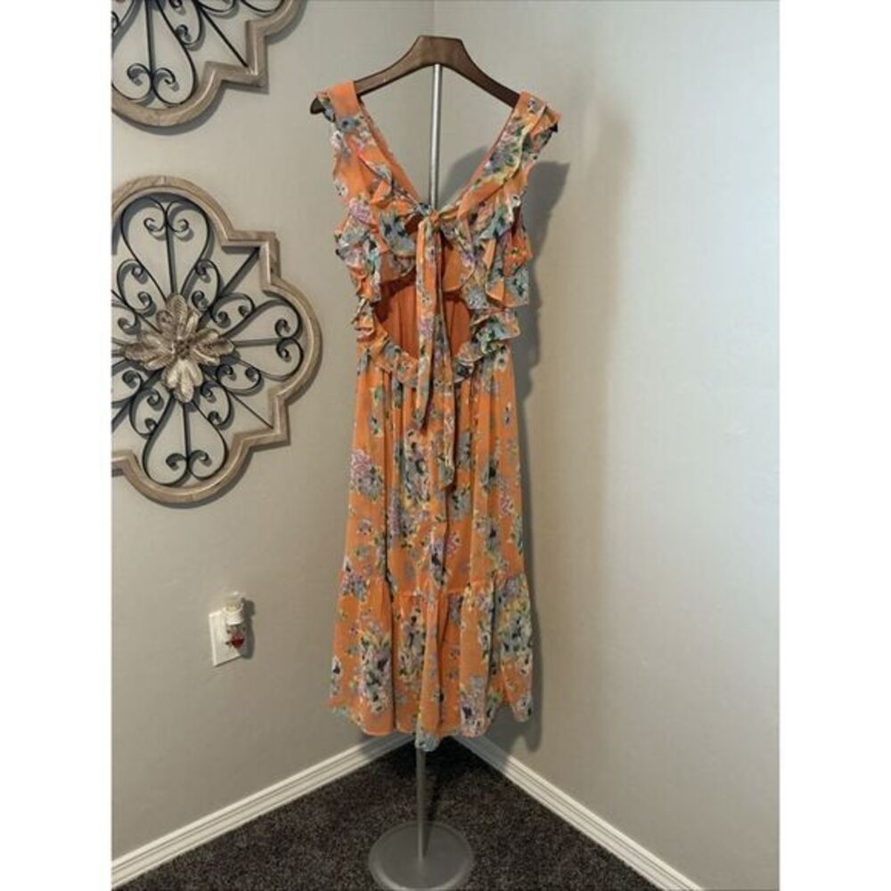 Lauren Conrad Sleeveless Mdi Dress Size M Orange Floral Flowy Lined Open Back
